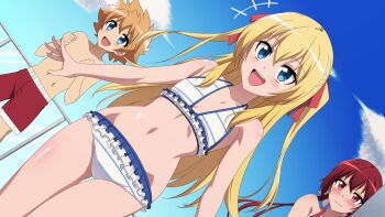 +++ 1boy 2girls bikini blonde_hair blue_eyes breasts brown_hair commission joukamachi_no_dandelion long_hair male_swimwear multiple_girls pixiv_commission red_eyes red_hair red_male_swimwear sakurada_akane sakurada_hikari sakurada_teru siblings small_breasts striped_bikini striped_clothes swimsuit white_bikini yamiochi_umekichi