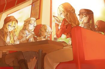 5girls alice_(genshin_impact) alternate_costume andersdotter_(genshin_impact) barbeloth_(genshin_impact) beret blonde_hair blue_eyes casual contemporary cup design_speculation drinking drinking_straw drinking_straw_in_mouth facial_mark forehead_mark genshin_impact hashtag-only_commentary hat highres holding holding_cup long_hair multiple_girls naengbi1008 nicole_reeyn octavia_(genshin_impact) open_mouth pointy_ears rhinedottir_(genshin_impact) sitting smile symbol-shaped_pupils table white_hat