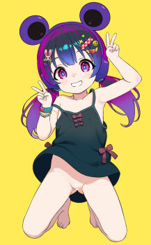 1girl akai_kuro animal_ear_headphones animal_ears animal_hair_ornament bar_censor barefoot black_dress black_hair blue_nails blush bow bracelet censored collarbone double_v dress fake_animal_ears flat_chest grin hair_ornament hairclip headphones heart heart_hair_ornament highres jewelry kneeling loli long_hair looking_at_viewer low_twintails mouse_ears multicolored_hair no_panties original purple_eyes purple_hair pussy rabbit_hair_ornament red_bow scrunchie smile smiley_hair_ornament star_(symbol) star_hair_ornament strap_slip teeth twintails two-tone_hair v wind wind_lift winged_heart yellow_background