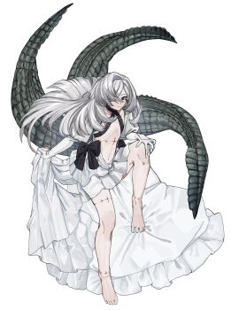 1girl expressionless feet hair_over_one_eye highres looking_at_viewer nt_rum simple_background tagme tentacles white_background