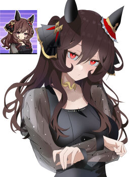 1girl absurdres animal_ears black_dress blush breasts brown_hair closed_mouth collarbone commentary_request crossed_arms dress ear_covers ear_ornament gentildonna_(umamusume) gold_choker hair_between_eyes hair_ornament heart-shaped_ornament heart_ear_ornament highres horse_ears horse_girl kirameki_(rikukaikuu) large_breasts long_hair long_sleeves looking_at_viewer red_eyes reference_inset see-through_cleavage see-through_clothes simple_background umamusume upper_body white_background