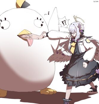 !? 1boy 1girl absurdres angel_wings azusa_(blue_archive) blocking blue_archive clenched_hands commentary eighth_note feathered_wings flower hair_flower hair_ornament halo highres jacket kai_xin long_hair long_sleeves musical_note open_clothes open_jacket peroro_(blue_archive) punching purple_eyes simple_background spoken_interrobang symbol-only_commentary veins veiny_arms white_background white_hair white_jacket white_wings wings yellow_halo