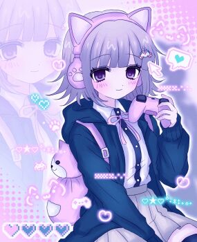 Rule 34 | 1girl, absurdres, animal ear headphones, animal ears, backpack, bag, black jacket, black shirt, blush, brown hair, brown skirt, cat ear headphones, cat ears, commentary request, controller, cosmopine, danganronpa (series), danganronpa 2: goodbye despair, dress shirt, fake animal ears, game controller, headphones, heart, highres, holding, holding controller, holding game controller, jacket, long sleeves, medium hair, miniskirt, nanami chiaki, neck ribbon, open clothes, open jacket, pink bag, pink ribbon, pleated skirt, ribbon, shirt, sitting, skirt, smile, solo, speech bubble, spoken heart, white shirt, zoom layer