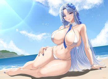 absurdres alsace_(azur_lane) alsace_(heat_beating_summer_sacrament)_(azur_lane) azur_lane beach bikini blue_eyes blue_flower blue_hair blue_nails blue_ribbon blush breasts commentary english_commentary flower hair_flower hair_ornament highres huge_breasts island lips long_hair musanix necktie ocean ribbon smile stomach swimsuit white_bikini wide_hips