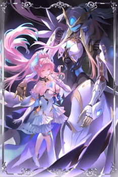 Rule 34 | 1girl, absurdres, aemeath (wuthering waves), breasts, cleavage, elbow gloves, exostrider (wuthering waves), fishprince19, gloves, high ponytail, highres, holding, holding microphone, leotard, long hair, long sidelocks, looking at viewer, mecha musume, microphone, pink hair, ponytail, sidelocks, solo, white gloves, white leotard, wuthering waves, yellow eyes