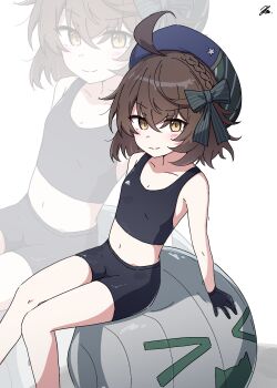 1girl absurdres ahoge azur_lane beret blue_hat braid breasts bristol_(azur_lane) brown_hair closed_mouth commentary_request gloves hat highres kiroshi korean_commentary looking_at_viewer partial_commentary short_hair sitting small_breasts smile yellow_eyes zoom_layer