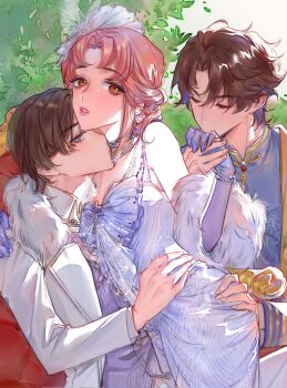 Rule 34 | 1girl, 2boys, bare shoulders, bead necklace, beads, binglanxianqi, blazer, blue shirt, bow, bowtie, boy sandwich, brown eyes, brown hair, butterfly hair ornament, chair, closed eyes, collared jacket, collared shirt, commentary, cowboy shot, day, dress, elbow gloves, eyelashes, fingernails, flower, fur shawl, gloves, hair ornament, half updo, hand on another's hip, hand on another's shoulder, hand on hand, hetero, highres, holding hands, jacket, jewelry, kiss, kissing hand, kissing neck, lapels, layered sleeves, light blush, lipstick, looking at viewer, makeup, marking on cheek, medium hair, messy hair, multiple boys, necklace, nikki (nikki), nikki (series), notched lapels, on chair, open clothes, open jacket, outdoors, pants, parted bangs, parted lips, pink hair, pink lips, polyamory, purple bow, purple bowtie, purple dress, purple eyes, purple gloves, purple vest, qin yi (shining nikki), rien (shining nikki), rose, sandwiched, shawl, shining nikki, shirt, sitting, sitting on lap, sitting on person, strapless, strapless dress, striped clothes, striped dress, teeth, thick eyebrows, tree, vertical-striped clothes, vertical-striped dress, vest, white jacket, white pants, white shawl, white shirt, yellow flower, yellow rose