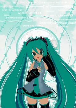 1girl 3d :d absurdres animasa_model_(mikumikudance) aqua_eyes aqua_hair aqua_necktie arrow_(symbol) black_shoes black_skirt black_sleeves boots collared_shirt commentary commentary_request danmaku detached_sleeves english_commentary grey_shirt hair_between_eyes hatsune_miku highres kio_(majin_kz) long_sleeves mixed-language_commentary necktie open_mouth outline pleated_skirt shirt shoes skirt sleeveless sleeveless_shirt smile solo thigh_boots tie_clip twintails vocaloid