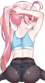 1girl absurdres ahoge arms_up ass bad_tag blue_archive blush cunvaroy from_behind highres hoshino_(blue_archive) legs loli long_hair looking_at_viewer looking_back panties panties_under_pantyhose pantyhose pink_hair ponytail shiny_clothes sitting solo sports_bra thighs underwear yellow_eyes