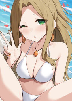 1girl bikini binsen blush breasts brown_hair collarbone day earrings fingernails green_eyes hand_up heart highres hoop_earrings idolmaster idolmaster_million_live! jewelry long_hair looking_at_viewer nail_polish navel necklace nikaido_chizuru one_eye_closed orange_nails outdoors parted_lips sitting solo swimsuit w white_bikini