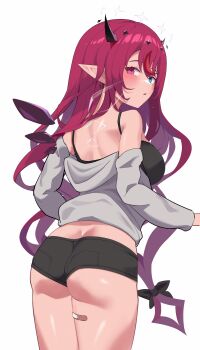 1girl absurdres ass asymmetrical_wings bandaid bandaid_on_leg bare_shoulders black_bra black_halo black_horns black_panties black_wings blue_eyes blush bra breasts butt_crack cowboy_shot detached_wings double_halo from_behind grey_shirt halo heterochromia highres hololive hololive_english horns irys_(hololive) large_breasts long_hair multicolored_hair panties pointy_ears purple_eyes purple_hair red_hair shift_(shiftillust) shirt simple_background solo star_halo streaked_hair transparent_wings two-tone_hair underwear virtual_youtuber white_background white_halo wings