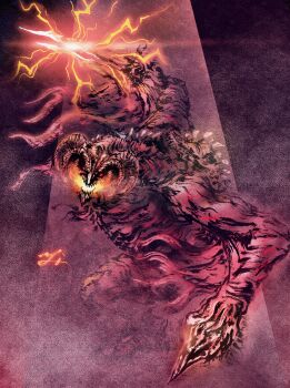 Rule 34 | absurdres, bayle the dread, breath weapon, breathing fire, broken wing, calligraphy brush (medium), commentary request, curled horns, deadpool yuchan, dragon, elden ring, elden ring: shadow of the erdtree, electricity, electrokinesis, exposed bone, fire, highres, horns, lightning, looking at viewer, no humans, open mouth, red eyes, sharp teeth, signature, teeth, western dragon, wings