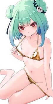 1girl absurdres bare_arms bare_legs bare_shoulders barefoot bikini bikini_bottom_pull bikini_top_pull blue_nails breasts collarbone double_bun frown gold_bikini green_hair hair_between_eyes hair_bun hair_ornament highres hololive loli looking_at_viewer medium_hair milk_tea_1993 nail_polish navel red_eyes simple_background sitting skull_hair_ornament small_breasts solo string_bikini swimsuit uruha_rushia v-shaped_eyebrows virtual_youtuber white_background yokozuwari