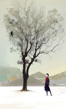 1girl bangqiao_yan bird black_dress black_hair bob_cut crow day dress footprints mountainous_horizon original outdoors red_scarf scarf scenery short_hair solo standing tree winter