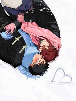 1boy 1girl absurdres ayase_momo black_coat black_hair blue_gloves blue_scarf blue_skirt blush brown_eyes brown_hair closed_eyes closed_mouth coat commentary_request couple crossed_bangs dandadan ear_blush earrings facing_another glasses gloves hair_between_eyes heart hetero highres jewelry looking_at_another lying on_back on_side outdoors parted_lips pink_gloves pink_scarf pleated_skirt ribbed_gloves round_eyewear scarf skirt snow takakura_ken_(dandadan) upper_body upside-down winter_clothes winter_coat yuqi_non