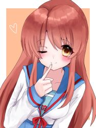Rule 34 | 1girl, ;), asahina mikuru, blue sailor collar, blush, border, breasts, brown eyes, closed mouth, collarbone, commentary request, dot nose, finger to mouth, heart, kita high school uniform, large breasts, long hair, looking at viewer, one eye closed, orange background, orange hair, outside border, red ribbon, ribbon, sailor collar, saku utvtu, school uniform, serafuku, shirt, simple background, smile, solo, suzumiya haruhi no yuuutsu, tareme, upper body, white border, white shirt, winter uniform