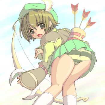 Rule 34 | 1girl, archer (eco), arm guards, armor, arrow (projectile), artist request, beret, bow (weapon), embarrassed, emil chronicle online, from behind, green armor, green eyes, green hair, green hat, green panties, green shirt, green skirt, hat, hat feather, holding, holding bow (weapon), holding weapon, looking back, lowres, non-web source, open mouth, panties, pantyshot, pleated skirt, quiver, shirt, skirt, socks, solo, source request, striped clothes, striped panties, underwear, weapon, white socks