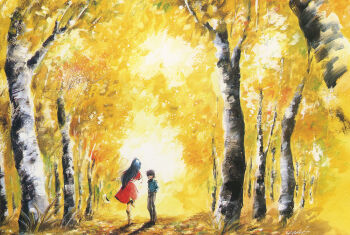 Rule 34 | 1980s (style), 1boy, 1girl, autumn, autumn leaves, black hair, choujikuu yousai macross, dress, forest, grass, ichijou hikaru, leaf, long hair, lynn minmay, macross, macross: do you remember love?, mikimoto haruhiko, nature, official art, oldschool, postcard (medium), promotional art, retro artstyle, scan, traditional media, tree