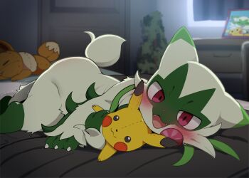 1boy animal_ears bed commentary dagasi eevee fangs floragato gen_1_pokemon highres indoors looking_at_viewer lying nintendo on_bed on_side open_mouth pikachu pokemon pokemon_(creature) red_eyes smile sprigatito stuffed_toy