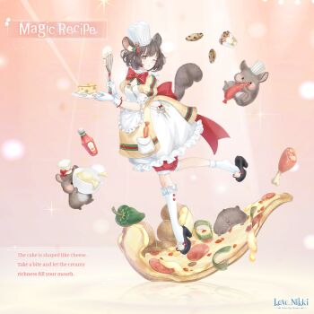 +_+ 1girl ;t animal_ear_fluff animal_ears annoyed apron artist_request back_bow batter black_shoes bloomers blunt_bangs bow bowtie brown_hair bubble_skirt character_name cheese chef chef_hat copyright_logo dot_nose double-parted_bangs dress english_text food frilled_apron frilled_dress frilled_gloves frilled_sleeves frilled_socks frills full_body gloves gold_buttons green_eyes green_ribbon hamster hat hat_ornament hat_ribbon high_heels holding holding_plate holding_whip ketchup_bottle kneehighs layered_dress leg_up light_blush light_particles logo magic_recipe_(miracle_nikki) miracle_nikki nikki_(series) official_art one_eye_closed orange_background pizza pizza_slice plate pocket polka_dot polka_dot_bow pout puffy_short_sleeves puffy_sleeves pumps red_bloomers red_bow red_bowtie red_ribbon reflective_floor ribbon sausage shoe_loss shoes short_hair short_sleeves single_stripe skirt sleeve_cuffs socks solo sparkle sparkling_eyes spotlight squirrel_ears squirrel_girl squirrel_tail standing striped_ribbon tail third-party_source two-tone_ribbon underwear white_apron white_dress white_gloves white_hat white_socks yellow_dress