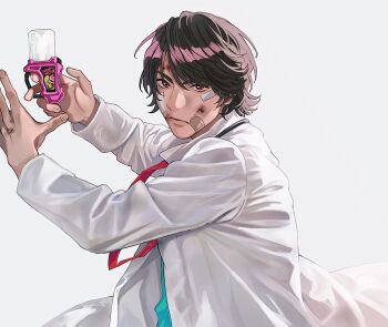 Rule 34 | 1boy, bandaid, bandaid on face, blue shirt, brown eyes, brown hair, coat, doctor, gashat, henshin pose, highres, houjou emu, injury, kamen rider, kamen rider ex-aid (series), looking at viewer, necktie, red necktie, rider gashat, sasakura34, shirt, simple background, solo, upper body, white background, white coat