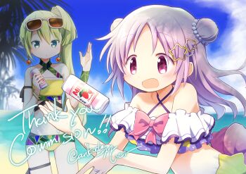 2girls alina_gray alina_gray_(swimsuit_costume) bare_shoulders beach bikini blue_sky can cloud commentary_request cowboy_shot cross-laced_bikini cross-laced_clothes day double_bun drink_can dropping earrings eyewear_on_head frilled_bikini frills green_hair hair_between_eyes hair_bun hair_ornament hands_up highres itou_(ankocha-mgmg) jewelry long_hair looking_at_another magia_record:_mahou_shoujo_madoka_magica_gaiden mahou_shoujo_madoka_magica misono_karin misono_karin_(swimsuit_costume) multiple_girls ocean official_alternate_costume open_mouth outdoors palm_tree parted_bangs ponytail purple_eyes purple_hair signature sky standing star_(symbol) star_hair_ornament strawberry_milk sunglasses swimsuit thank_you tree yellow_bikini