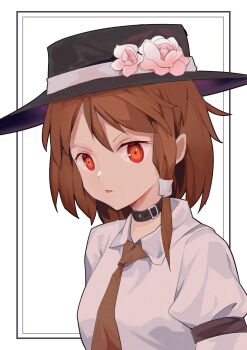 Rule 34 | 1girl, absurdres, alternate headwear, black collar, black hat, brown eyes, brown hair, chinese commentary, collar, collared shirt, commentary, flower, funnytt, hair tie, hat, hat flower, highres, looking at viewer, medium hair, necktie, open mouth, pink flower, pink rose, red necktie, rose, shirt, sleeve garter, solo, touhou, usami renko, white background, white shirt