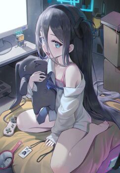 kei_(robot)_(blue_archive) 1girl absurdres aris_(blue_archive) barefoot black_hair blue_archive blue_eyes blue_halo bra collarbone commentary_request controller doodle_sensei_(blue_archive) female_focus flat_chest game_controller halo highres holding holding_stuffed_toy huge_filesize id_card indoors korean_commentary loli long_hair merong_(sou47897) one_side_up open_mouth pink_bra sensei_(blue_archive) shirt single_bare_shoulder sitting soles solo stuffed_animal stuffed_rabbit stuffed_toy toes underwear very_long_hair wariza white_shirt