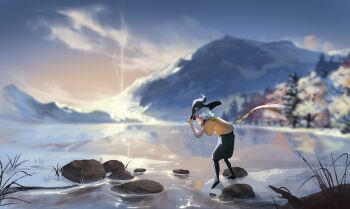 1other forest full_body gift_art glasses grass hand_on_own_hat highres lake landscape leaning_forward mountainous_horizon nature outdoors ripples rock scarf scenery shirt sky:_children_of_the_light sky_child snow standing toebeez tree white_hair wide_shot winter yellow_shirt