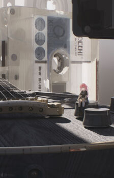 1girl absurdres black_shirt black_skirt black_socks blue_eyes bocchi_the_rock! cassette_tape commentary commentary_request electric_guitar gotoh_hitori guitar highres holding_cassette instrument kessoku_band_t-shirt long_hair mini_person minigirl pink_hair ro_illu shirt sitting skirt socks solo