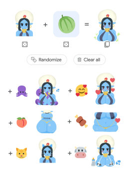 1girl animal_ears animal_print ass bikini bindi black_hair blue_skin breast_expansion breasts cat_ears colored_skin cow_emoji cow_print cow_print_bikini earrings emoji emoji_kitchen_(meme) facial_mark fat fat_woman food forehead_mark fruit genie genie_(siva-siva) gold_thong highres hoop_earrings jewelry jitome large_breasts long_pointy_ears meme neck_ring no_sclera octopus original peach pointy_ears print_bikini short_hair simple_background siva-siva swimsuit tentacle_sex tentacles thong turban white_background white_turban