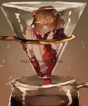 1girl black_shirt blonde_hair brown_background closed_eyes commentary_request english_text fetal_position full_body funnel_(tool) hair_ribbon mary_janes medicine_melancholy one-hour_drawing_challenge puffy_short_sleeves puffy_sleeves red_ribbon red_shoes red_skirt ribbon shinjitsu_no_kuchi shirt shoes short_hair short_sleeves skirt socks solo touhou white_socks