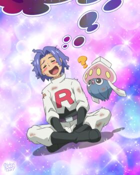 Rule 34 | absurdres, black boots, black gloves, blush, boots, bubble background, closed eyes, commentary, dreaming, english commentary, fake screenshot, gen 6 pokemon, gloves, happy, highres, inkay, james (pokemon), lukas thadeu, nintendo, official style, open mouth, pokemon, pokemon (anime), pokemon (creature), pokemon journeys, pokemon rse (anime), pokemon xy (anime), sitting, team rocket, team rocket uniform, wave print