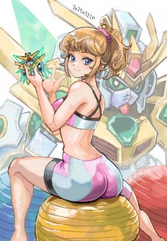1girl ass bike_shorts blue_eyes breasts brown_hair commentary dated english_commentary gundam gundam_build_fighters gundam_build_fighters_try highres hoshino_fumina large_breasts looking_at_viewer looking_back mecha midriff okrdisk2000 ponytail robot scrunchie short_hair smile sports_bra two-tone_sports_bra waving winning_gundam
