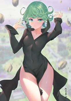 1girl absurdres arm_up black_dress breasts collarbone commentary_request covered_navel cowboy_shot debris dress female_focus green_eyes green_hair groin hand_up high_collar highres looking_at_viewer one-punch_man pelvic_curtain short_hair side_slit small_breasts solo tatsumaki thighs translation_request v-shaped_eyebrows xiumu_bianzhou