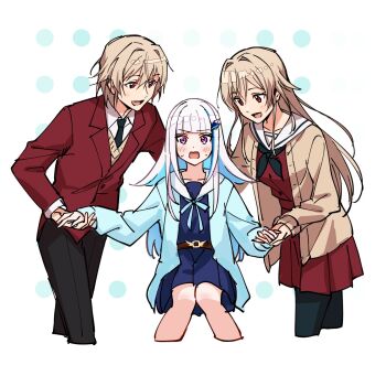 Rule 34 | 1boy, 2girls, :d, bisexual female, black neckerchief, black necktie, black pants, black pantyhose, blazer, blue cardigan, blue hair, blue ribbon, blue serafuku, blue shirt, blue skirt, blue streaks, blunt bangs, blush, boy and girl sandwich, brown hair, cardigan, clone harem, collarbone, colored inner hair, commentary request, cropped legs, dual persona, furen e lustario, furen e lustario (school uniform), genderswap, genderswap (ftm), highres, holding hands, invisible chair, jacket, kougi hiroshi, lize helesta, lize helesta (4th costume), long hair, looking at another, multicolored hair, multiple girls, neck ribbon, neckerchief, necktie, nervous sweating, nijisanji, open cardigan, open clothes, open mouth, pants, pantyhose, red eyes, red jacket, red serafuku, red shirt, red skirt, ribbon, sailor collar, sandwiched, school uniform, serafuku, shirt, sidelocks, sitting, skirt, smile, standing, streaked hair, sweat, taking another's hand, teeth, upper teeth only, virtual youtuber, white hair, white sailor collar