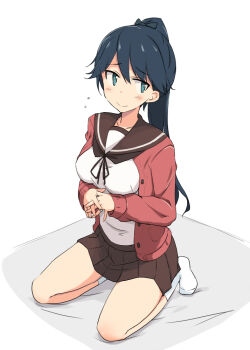 1girl alternate_costume ankle_socks averting_eyes ayanami_(kancolle) ayanami_(kancolle)_(cosplay) blue_eyes blue_hair blush borrowed_clothes breasts brown_neckerchief brown_sailor_collar brown_skirt cardigan collarbone commentary_request cosplay embarrassed flying_sweatdrops hair_between_eyes houshou_(kancolle) jewelry kantai_collection kneeling kugui_kiyunemu long_hair medium_breasts miniskirt neckerchief open_cardigan open_clothes parted_bangs pink_cardigan pleated_skirt ponytail ring sailor_collar shirt simple_background skirt smile socks solo wedding_ring white_background white_shirt white_socks
