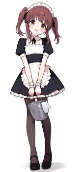 1girl absurdres alternate_costume apron black_dress black_ribbon black_shoes blunt_bangs brown_eyes brown_hair brown_pantyhose bucket dress frilled_apron frilled_dress frilled_wrist_cuffs frills full_body hair_ribbon head_tilt highres holding holding_bucket idolmaster idolmaster_cinderella_girls jia_wenyuan light_blush looking_at_viewer maid maid_headdress mary_janes neck_ribbon ogata_chieri open_mouth own_hands_together pantyhose ribbon shoes short_hair short_sleeves sidelocks simple_background smile solo tachi-e two_side_up v_arms white_apron white_background white_wrist_cuffs wrist_cuffs