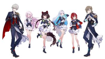 2boys 4girls aiguillette ange_katrina animal_ears animal_hair_ornament ankle_boots black_gloves black_vest blue_boots blue_cape blue_eyes blue_gloves blue_hair blue_jacket blue_pants blue_shirt blue_skirt boots bracelet braid brown_hair brown_tail cape claws closed_mouth colored_inner_hair cropped_jacket crossed_bangs cup_hair_ornament dog_ears dog_girl dog_tail earrings epaulettes fold-over_boots frilled_skirt frills fur_bracelet gloves gold_trim grey_eyes grey_hair hair_intakes hair_ornament hair_ribbon hairclip half-skirt half_up_braid hand_on_own_cheek hand_on_own_chest hand_on_own_face hand_up hands_up high_heel_boots high_heels idol_clothes inui_toko jacket jewelry kanae_(nijisanji) knees_together_feet_apart kuzuha_(nijisanji) layered_shirt layered_skirt lize_helesta long_hair long_sleeves looking_at_viewer low_ponytail low_twintails medium_hair midriff miniskirt multicolored_hair multiple_boys multiple_girls nijisanji nijisanji_idol_uniform official_art one_eye_closed open_mouth overskirt own_hands_together pants pink_eyes pink_hair ponytail purple_eyes red_cape red_eyes red_hair red_ribbon red_vest ribbon sanbaka_(nijisanji) sebastian_piyodore second-party_source shiina_yuika shirt short_hair side_cape silver_tiara simple_background single_epaulette skirt sleeve_cuffs sleeveless sleeveless_shirt smile standing standing_on_one_leg streaked_hair suou_(sdurorhr) tail thigh_strap transparent_background twintails two-sided_cape two-sided_fabric two-tone_hair very_long_hair vest virtual_youtuber waving white_gloves white_hair white_shirt white_skirt