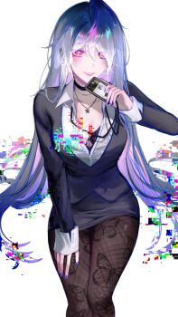 000_(path_to_nowhere) 1girl absurdres black_pantyhose commentary english_commentary from_above glitch hand_on_own_thigh hand_up highres long_hair looking_at_viewer looking_up pantyhose path_to_nowhere sitting solo very_long_hair white_background yuuya_(yzuuyu)