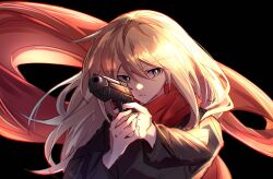 Rule 34 | 1girl, black jacket, commentary, finger on trigger, girls band cry, grey eyes, gun, hair between eyes, handgun, hashtag-only commentary, hibioes, highres, holding, holding gun, holding weapon, jacket, kawaragi momoka, light brown hair, long hair, long sleeves, multicolored hair, parted lips, red scarf, roots (hair), scarf, solo, weapon