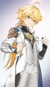 1boy aether_(as_heaven_and_earth_are_made_anew)_(genshin_impact) aether_(genshin_impact) ahoge armor blonde_hair closed_mouth commentary_request cowboy_shot flower genshin_impact gloves highres long_hair long_sleeves looking_at_viewer male_focus official_alternate_costume okkobc pants partially_fingerless_gloves ponytail shoulder_armor solo white_background white_pants yellow_eyes