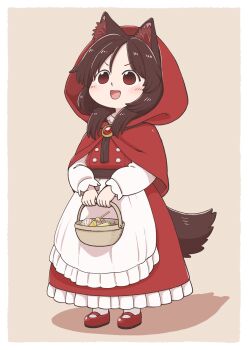 1girl :d animal_ear_fluff animal_ears apron basket brown_background brown_hair candy capelet commentary_request cosplay dress food full_body highres holding holding_basket hood hooded_capelet imaizumi_kagerou little_red_riding_hood_(fairy_tale_character) little_red_riding_hood_(fairy_tale_character)_(cosplay) long_hair looking_up mary_janes open_mouth poronegi red_capelet red_dress red_eyes red_shoes shadow shirt shoes simple_background smile solo standing tail touhou v-shaped_eyebrows waist_apron white_background white_shirt wolf_ears wolf_girl wolf_tail