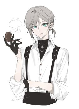 1boy absurdres aqua_eyes black_gloves black_pants black_shirt brown_hair buttons chinese_commentary closed_mouth collared_shirt cropped_torso dress_shirt ear_piercing earrings fingernails gloves hair_between_eyes half_gloves hand_up highres holding holding_smoking_pipe jewelry kayu_(yukagoin) long_sleeves looking_at_viewer low_ponytail male_focus mysta_rias necklace nijisanji nijisanji_en pants piercing ponytail sharp_fingernails shirt short_hair short_ponytail simple_background sleeves_rolled_up smile smoke smoking_pipe solo suspenders turtleneck twitter_username undershirt upper_body virtual_youtuber white_background white_shirt