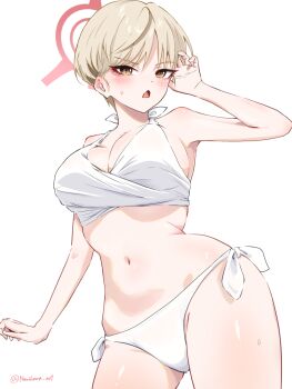 1girl bikini blonde_hair blue_archive blush breasts cleavage commentary_request halo highres large_breasts marina_(blue_archive) nani_hana_(user_neus5472) navel open_mouth short_hair side-tie_bikini_bottom simple_background solo stomach surplice sweatdrop swimsuit very_short_hair white_background white_bikini yellow_eyes