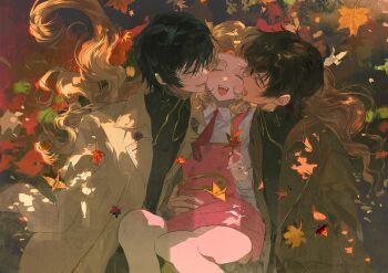1girl 2boys ^_^ autumn autumn_leaves black_hair black_shirt blush brother_and_sister brown_coat brown_hair buttons cheek-to-cheek closed_eyes coat code_geass collared_shirt dappled_sunlight day dress flat_chest forehead from_above hair_intakes hair_spread_out hand_up happy heads_together highres holding holding_leaf inair knees_up kururugi_suzaku leaf lelouch_vi_britannia long_hair long_sleeves lying multiple_boys necktie nunnally_vi_britannia on_back on_ground on_side open_clothes open_coat open_mouth origami outdoors paper_crane pinafore_dress pink_dress red_necktie school_uniform shirt short_dress short_hair siblings sidelocks sleeveless sleeveless_dress smile sunlight teeth tongue turtleneck u_u white_coat white_shirt