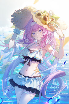 1girl bare_shoulders bikini bikini_skirt blue_eyes breasts chinese_commentary cleavage commentary_request dated elysia_(honkai_impact) elysia_(miss_pink_elf)_(honkai_impact) elysia_(summer_miss_elf)_(honkai_impact) flower hairband hands_up hat hat_flower highres honkai_(series) honkai_impact_3rd jewelry long_hair looking_at_viewer medium_breasts miaogujun navel necklace ocean parted_lips pink_hair pink_pupils smile solo stomach straw_hat sunflower swimsuit thighs white_bikini white_hairband