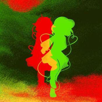 Rule 34 | 2girls, album cover redraw, artist name, commentary, derivative work, dress, duran duran, english commentary, full body, future past (duran duran), green theme, hat, heart, heart of string, highres, komeiji koishi, komeiji satori, long hair, multiple girls, pun, red theme, siblings, silhouette, sisters, split theme, standing, standing on one leg, touhou, yukihind