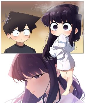1boy 1girl absurdres artist_name bare_legs barefoot black_eyes black_hair blush border chibi chibi_inset close-up collared_shirt commentary covering_own_mouth gradient_background hair_between_eyes hand_over_own_mouth highres j_humbo komi-san_wa_komyushou_desu komi_shouko long_hair long_sleeves looking_at_another oversized_clothes oversized_shirt purple_eyes shirt short_hair sidelocks sleeves_past_wrists standing steam steaming_body sweat swept_bangs symbol-only_commentary t-shirt tadano_hitohito trembling upper_body white_shirt wide-eyed