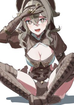 1girl :d absurdres arm_up boots breasts brown_boots brown_gloves brown_hat brown_shorts cleavage commentary gloves grey_eyes grey_hair hair_between_eyes hat highres honkai_(series) honkai_impact_3rd juliet_sleeves long_hair long_sleeves looking_at_viewer medium_breasts open_mouth puffy_sleeves roena shadow shorts shrug_(clothing) simple_background sitting sketch smile solo thigh_boots v vill-v white_background